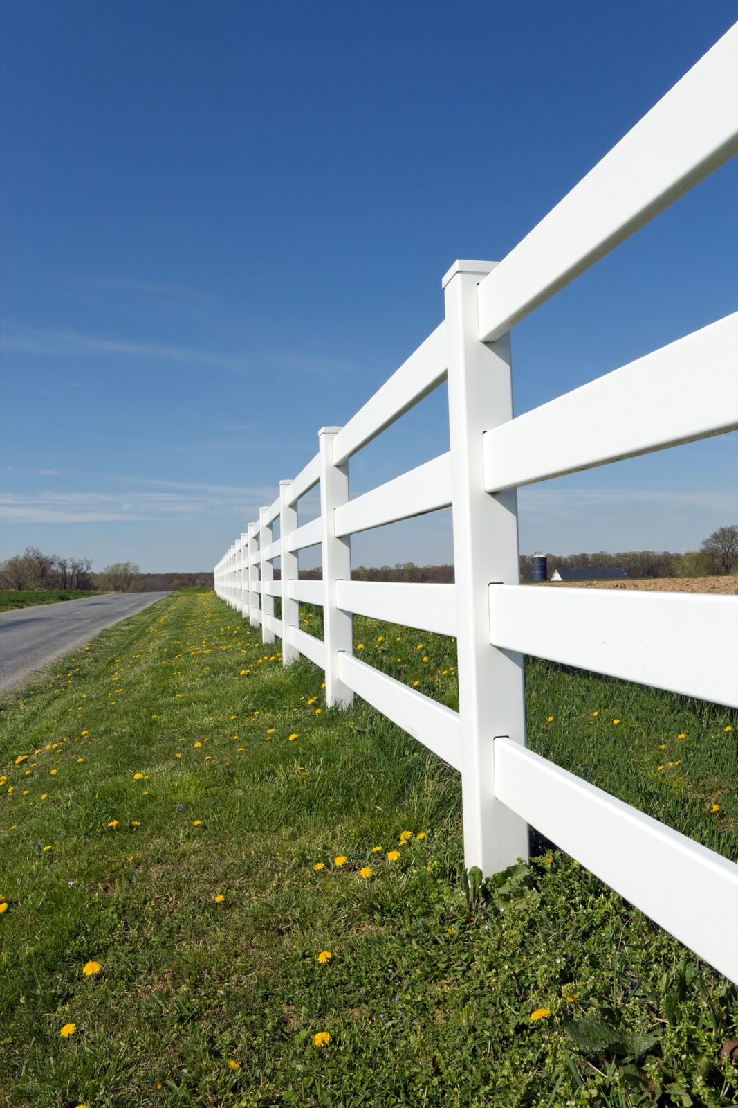 Four-rail vinyl ranch fence at the roadside